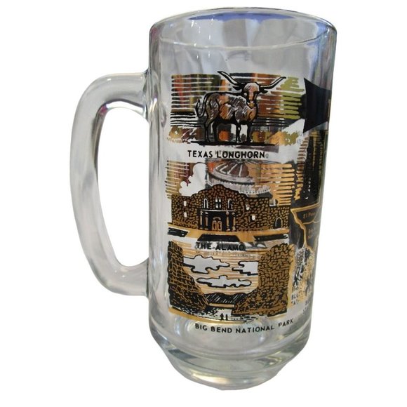 Vintage Texas Gold Black Tourist Beer Mug Map Alamo Big Bend DFW Galveston GUC - Picture 1 of 16